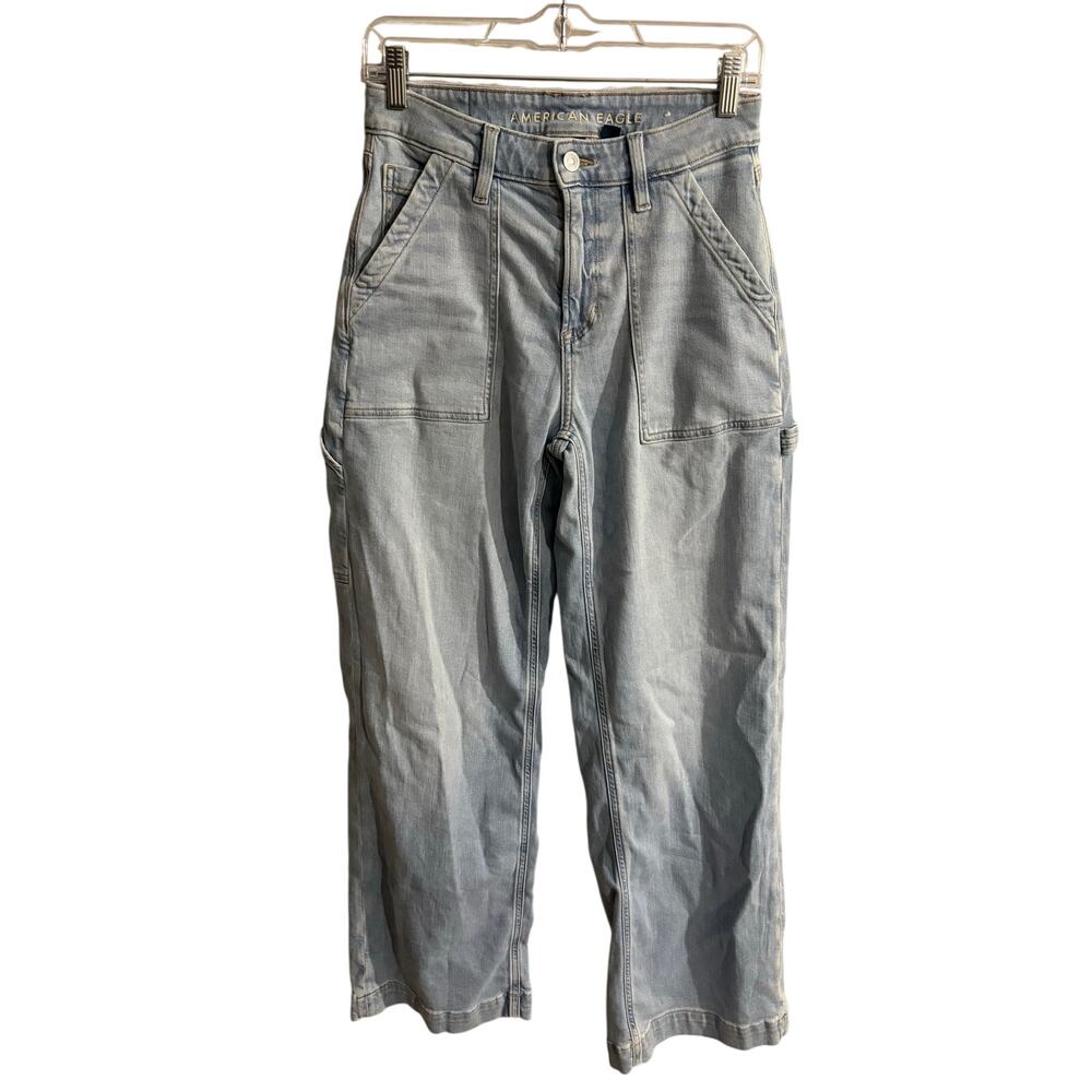 American Eagle Stretch Super High Rise Baggy Wide Leg Jean Womens 2 Regular Blue - Picture 2 of 7
